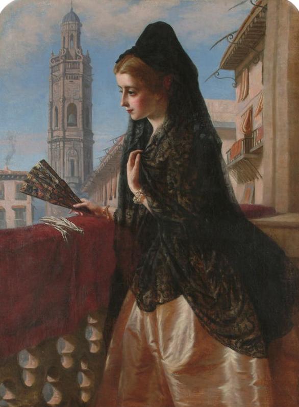 A Spanish Beauty on a Balcony, vintage artwork by John Bagnold Burgess, 12x8" (A4) Poster