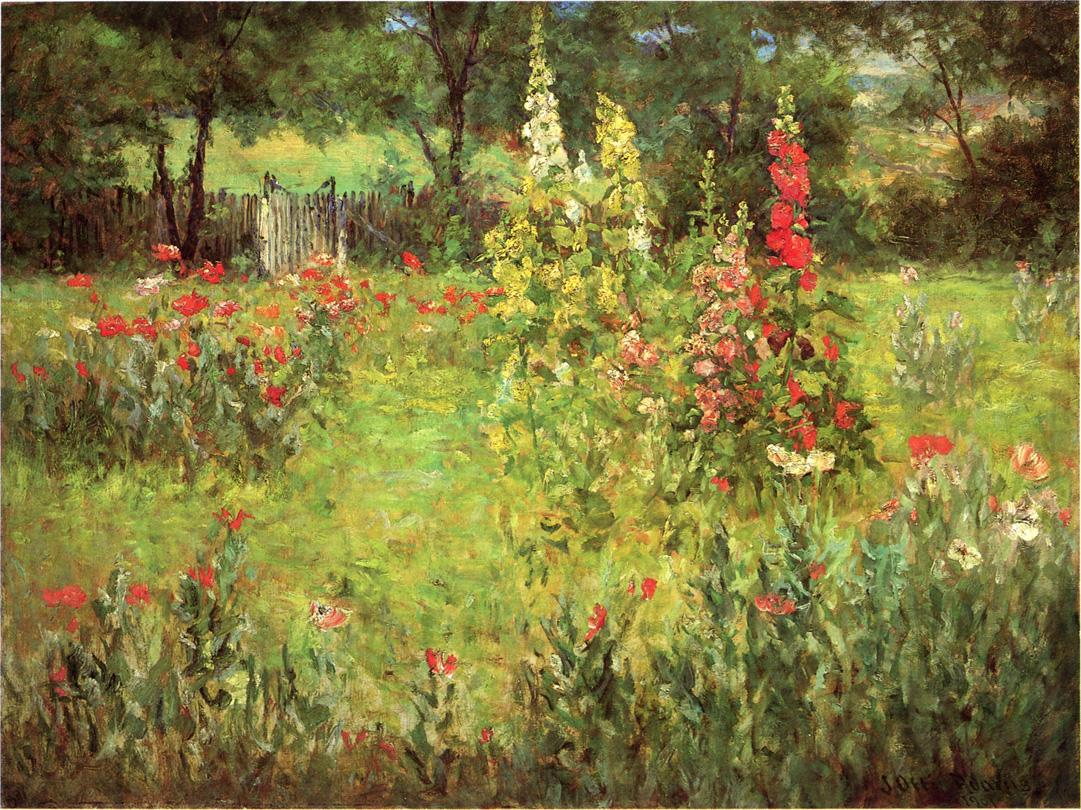 Hollyhocks and Poppies - The Hermitage, vintage artwork by John Ottis Adams, 12x8" (A4) Poster