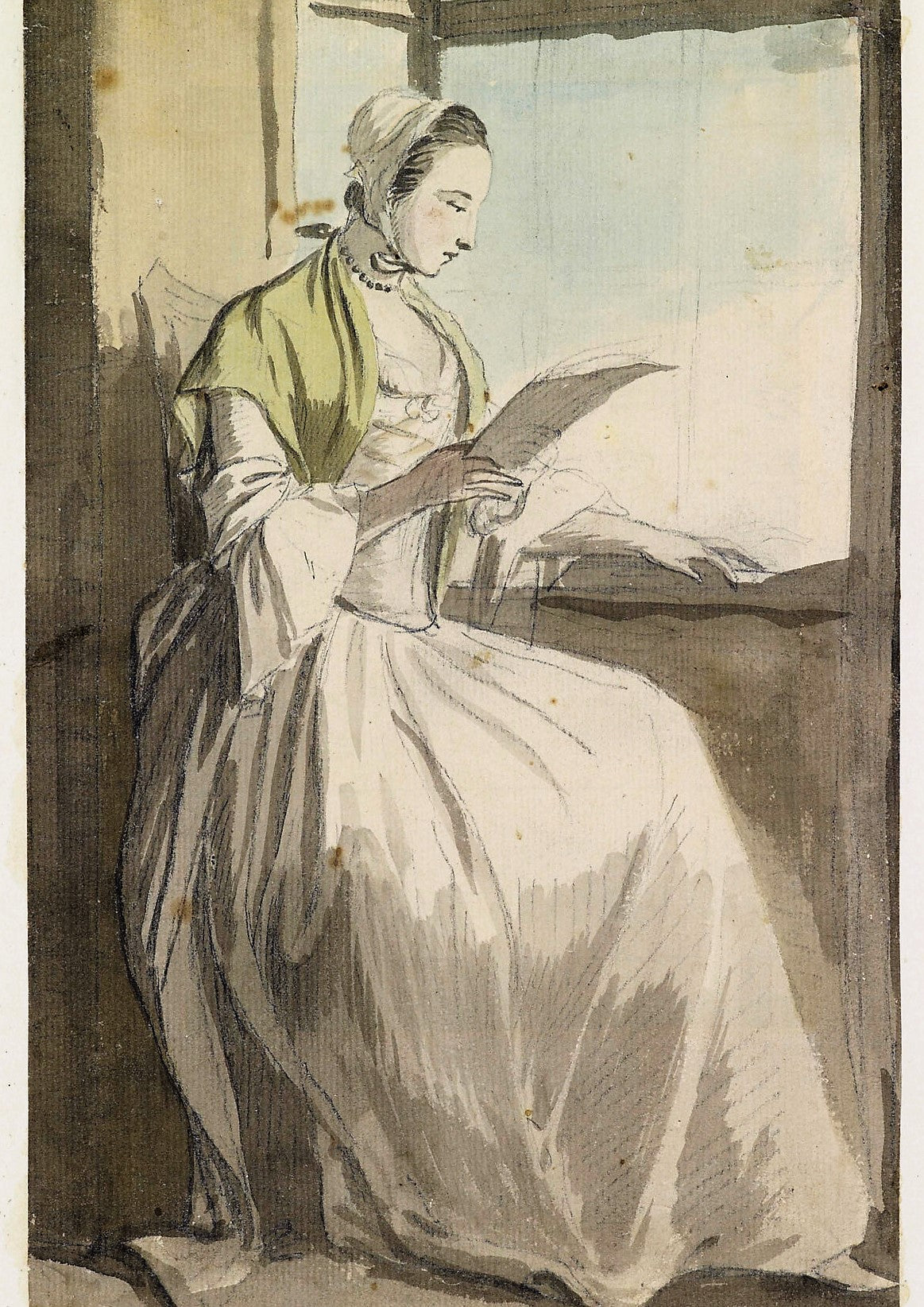 A Lady Reading at a Window, vintage artwork by Paul Sandby , R.A., 12x8" (A4) Poster