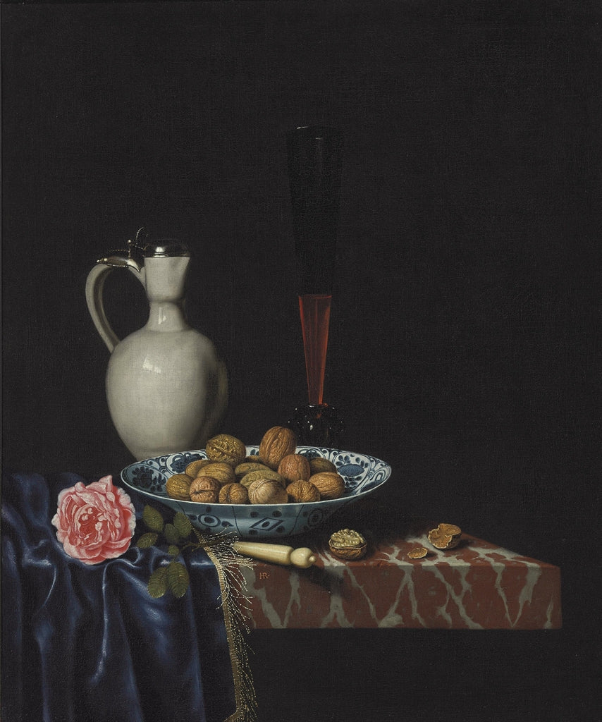 A wan-li bowl with walnuts, a wine glass, an ivory-handled knife, a Delft stoneware jug and a rose, vintage artwork by Hubert van Ravesteyn, 12x8" (A4) Poster