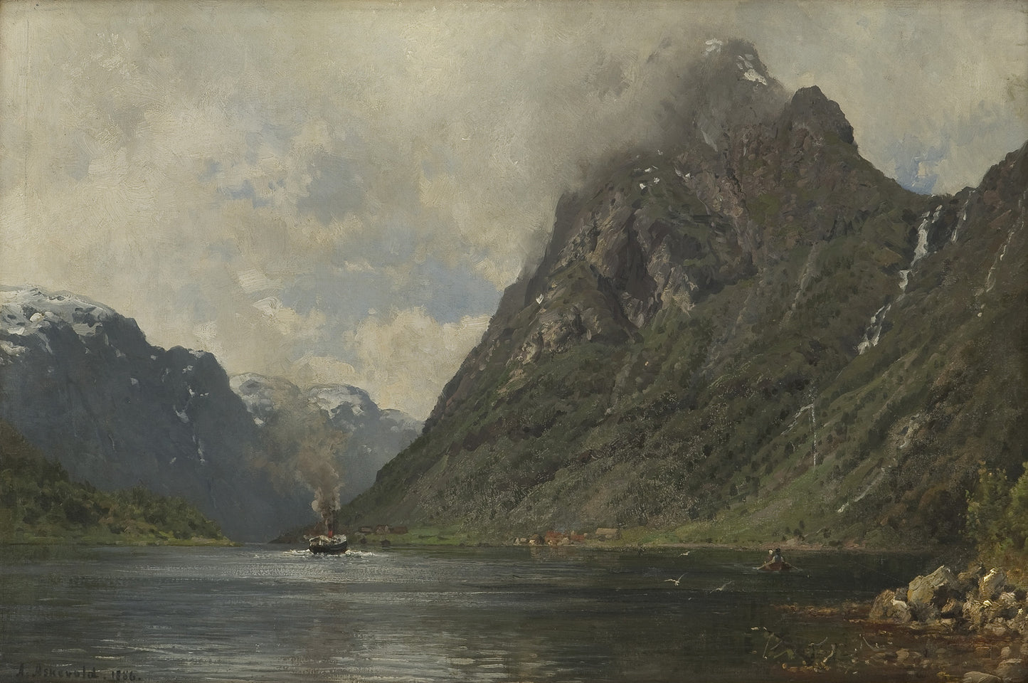 Fjord Landscape with Steamer, vintage artwork by Anders Monsen Askevold, 12x8" (A4) Poster