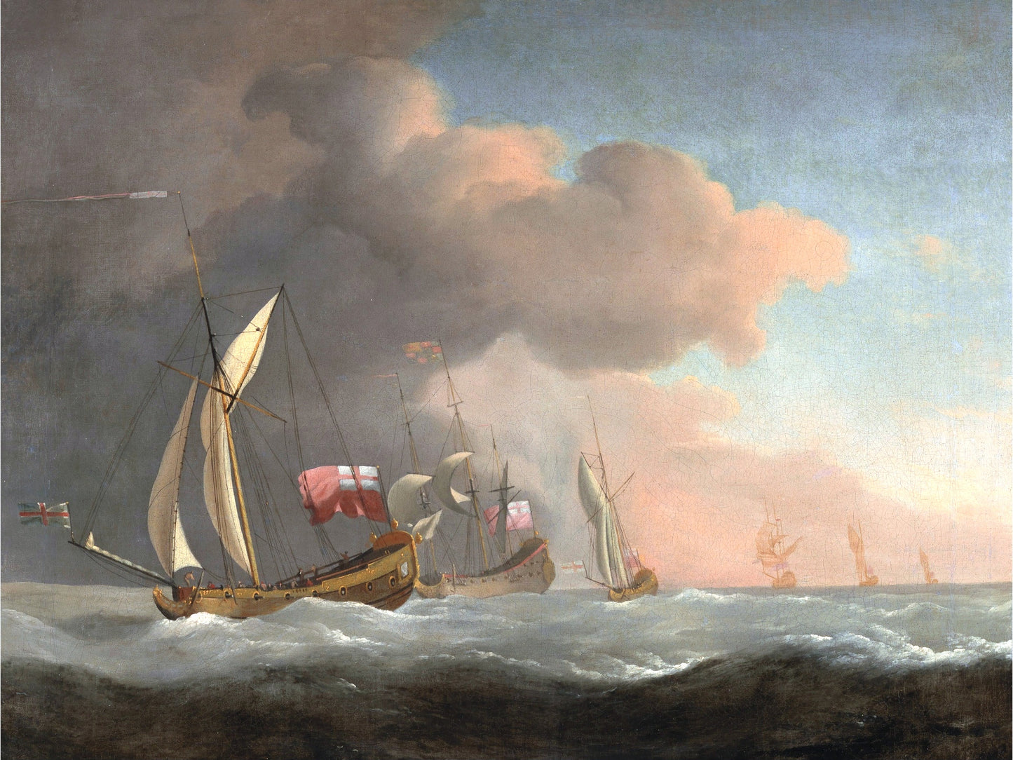 English Royal Yachts at Sea in a Strong Breeze, in Company with a Ship Flying the Royal Standard, vintage artwork by Willem van de Velde the Younger, 12x8" (A4) Poster