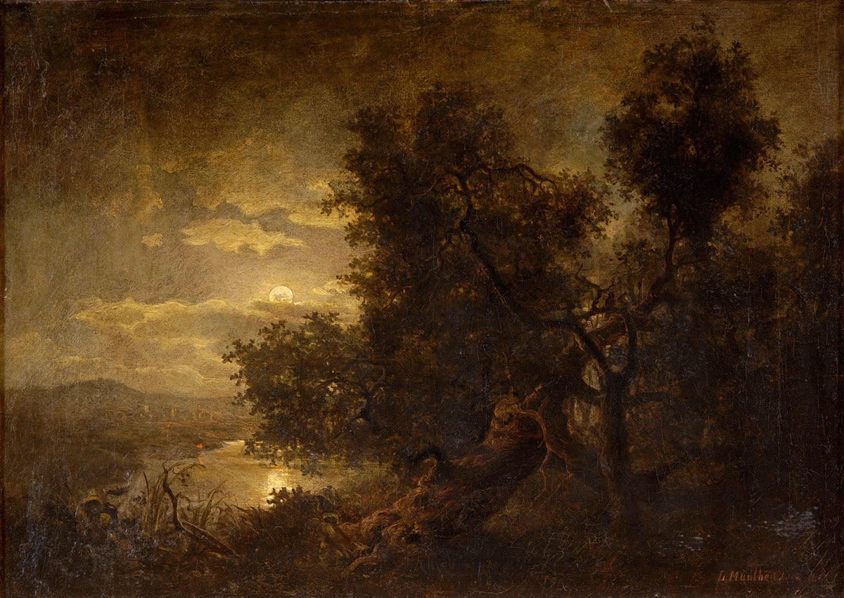 River Landscape by Moonlight, vintage artwork by Ludwig Munthe, 12x8" (A4) Poster