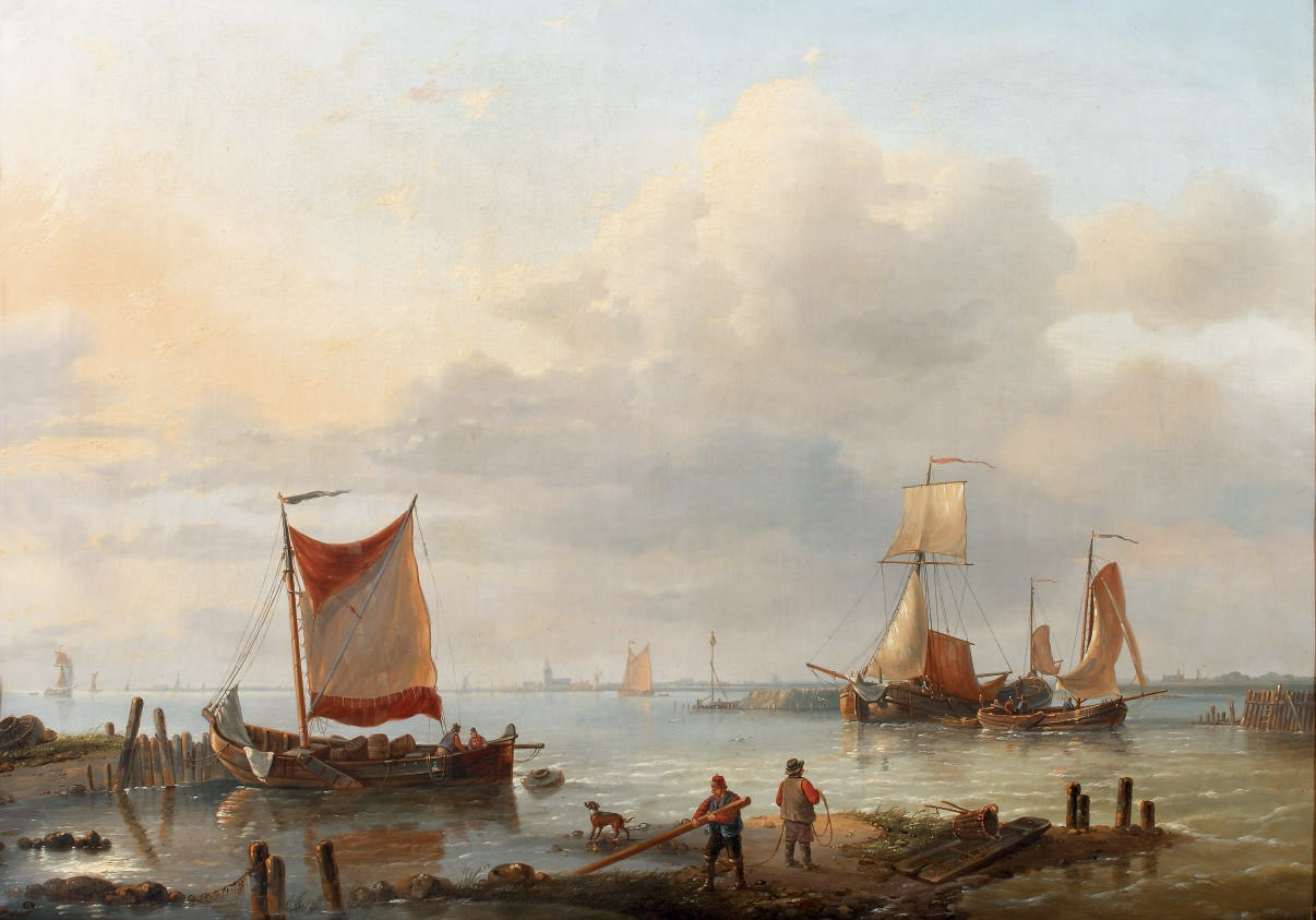 Fishermen at the harbour entrance, vintage artwork by Charles Louis Verboeckhoven, A3 (16x12") Poster Print