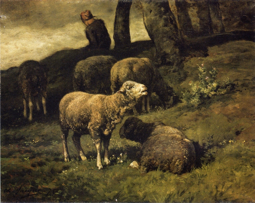 Grazing Sheep with a Sheperdhess Beyond, vintage artwork by Charles-Émile Jacque, A3 (16x12") Poster Print