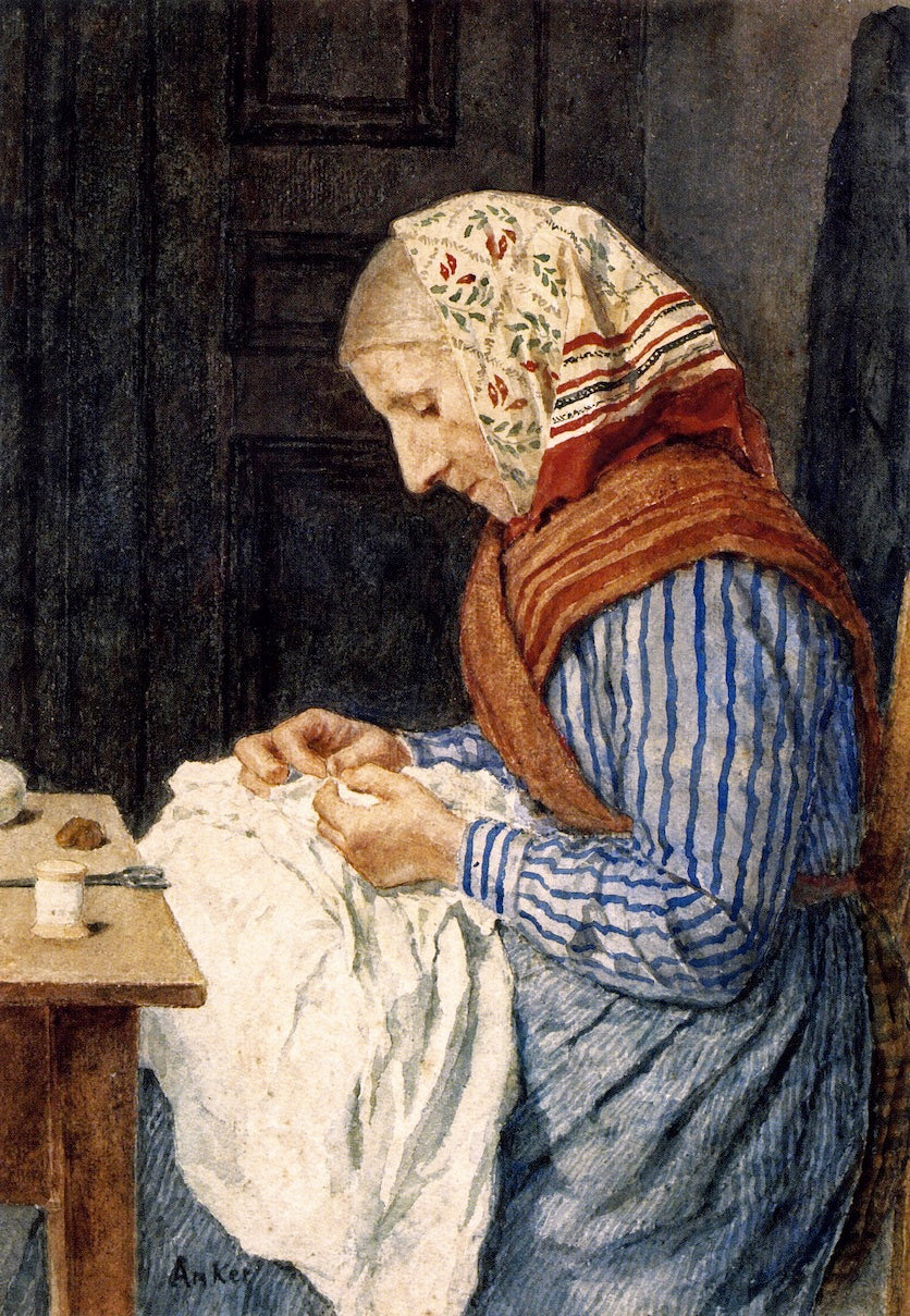 A Farmer's Wife, Sewing, vintage artwork by Albert Anker, 12x8" (A4) Poster