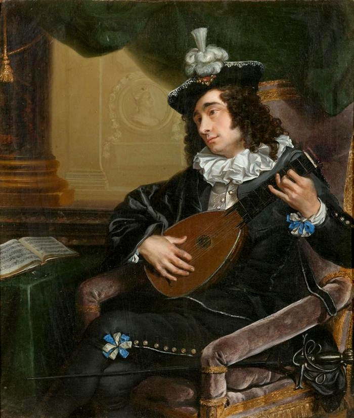 Portrait of a lute player, vintage artwork by Louis-Michel Van Loo, 12x8" (A4) Poster
