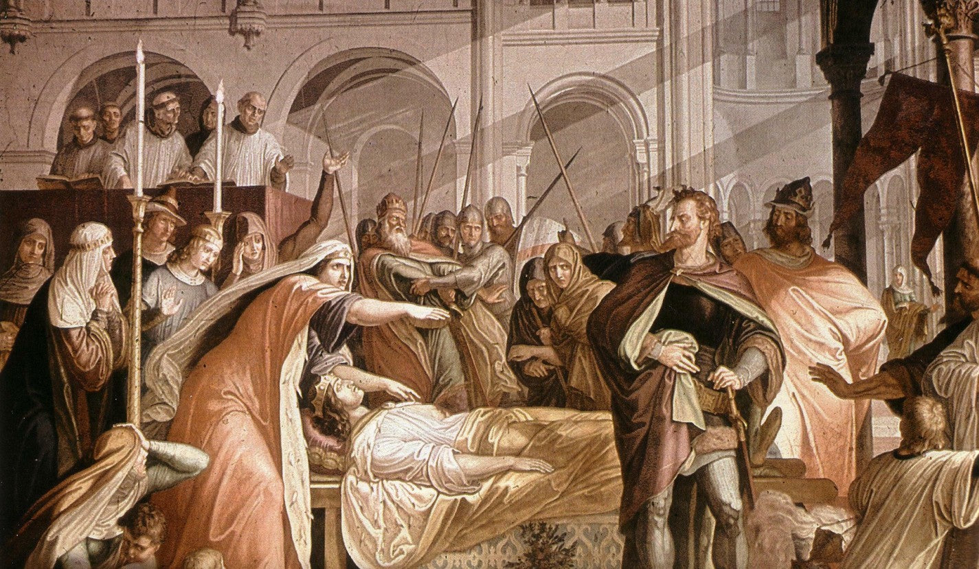Kriemhild Recognizes Hagen as a Murderer, vintage artwork by Julius Schnorr von Carolsfeld, A3 (16x12") Poster Print
