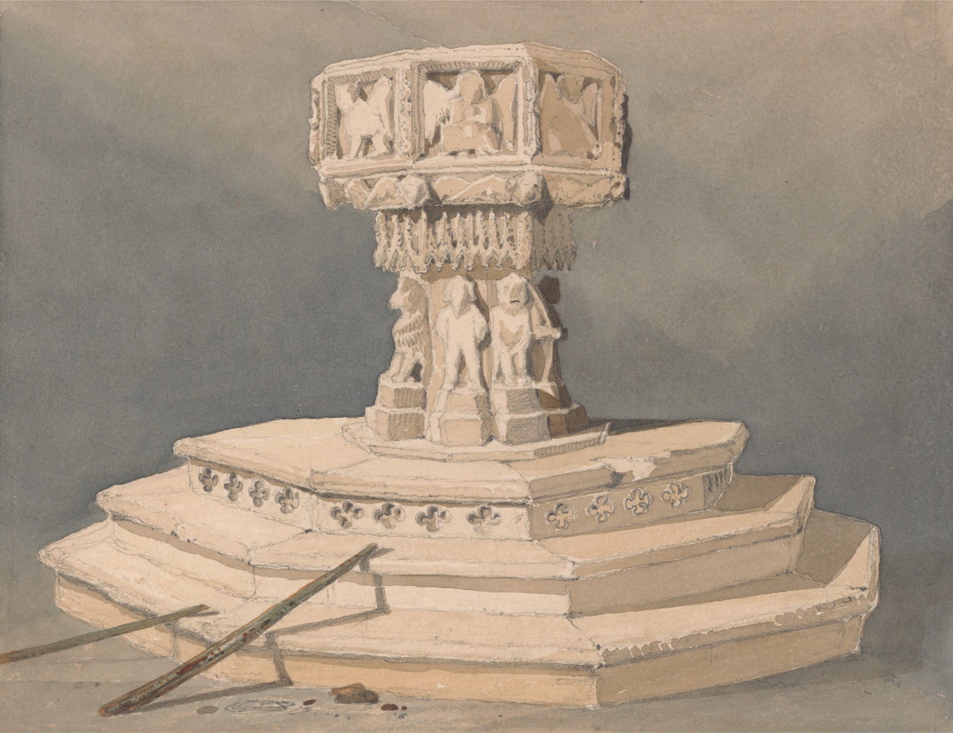 Font at Happisburgh Church, Norfolk, vintage artwork by John Sell Cotman, 12x8" (A4) Poster