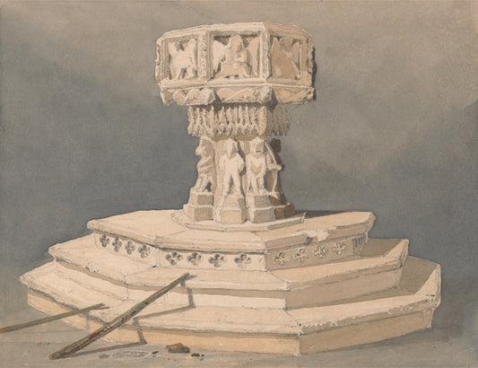 Font at Happisburgh Church, Norfolk, vintage artwork by John Sell Cotman, 12x8" (A4) Poster