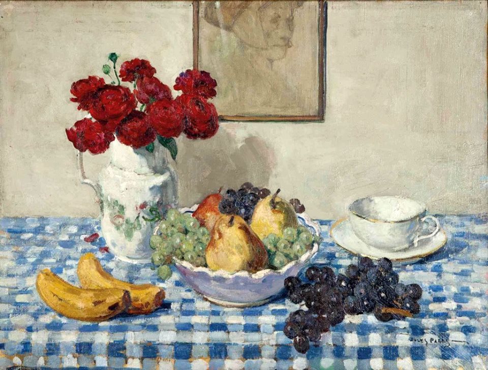 p and saucer, and a pitcher of flowers by Jules Eugene Pages,A3(16x12")Poster