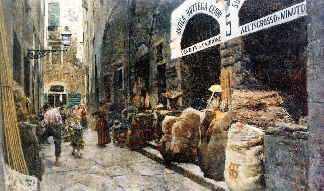 Via del Fuoco, Vecchio Mercato di Firenze, vintage artwork by Telemaco Signorini, 12x8" (A4) Poster