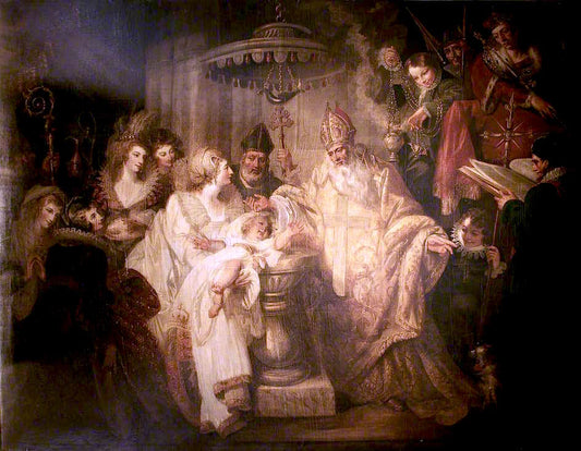 The Baptism of Henry VIII, 1491, vintage artwork by Mather Brown, 12x8" (A4) Poster