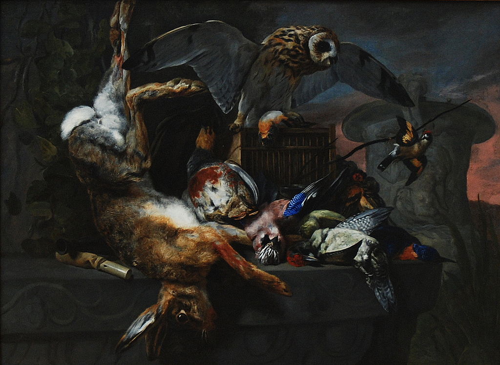 Still Life with Owl, vintage artwork by Pieter Boel, 12x8" (A4) Poster