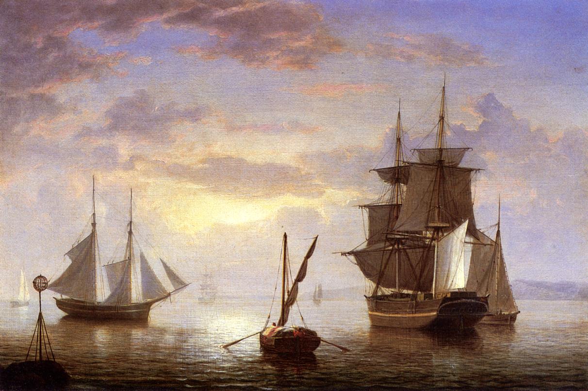 Ships in a Harbor, Sunrise, vintage artwork by Fitz Henry Lane, A3 (16x12") Poster Print