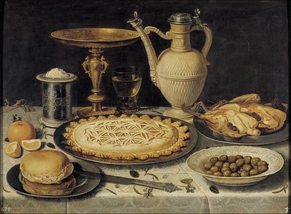 Still life with cake and olives, vintage artwork by Clara Peeters, 12x8" (A4) Poster