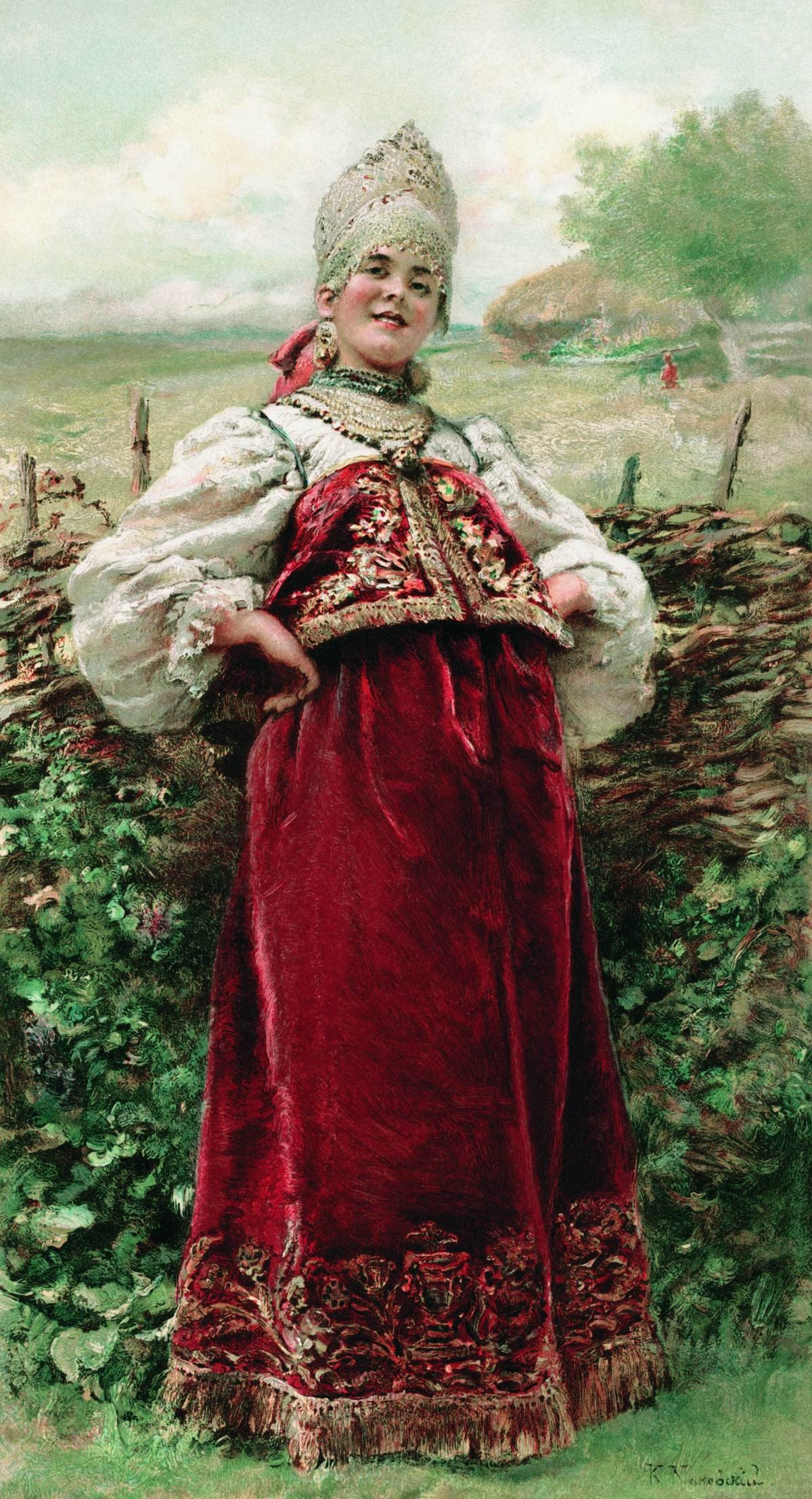 by the Fence, vintage artwork by Konstantin Yegorovich Makovsky, 12x8" (A4) Poster