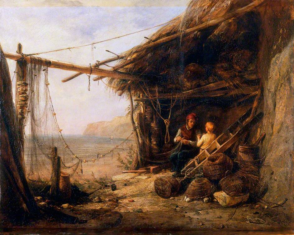 Mending the Bait-Nets, Shanklin, vintage artwork by Edward William Cooke, R.A., A3 (16x12") Poster Print