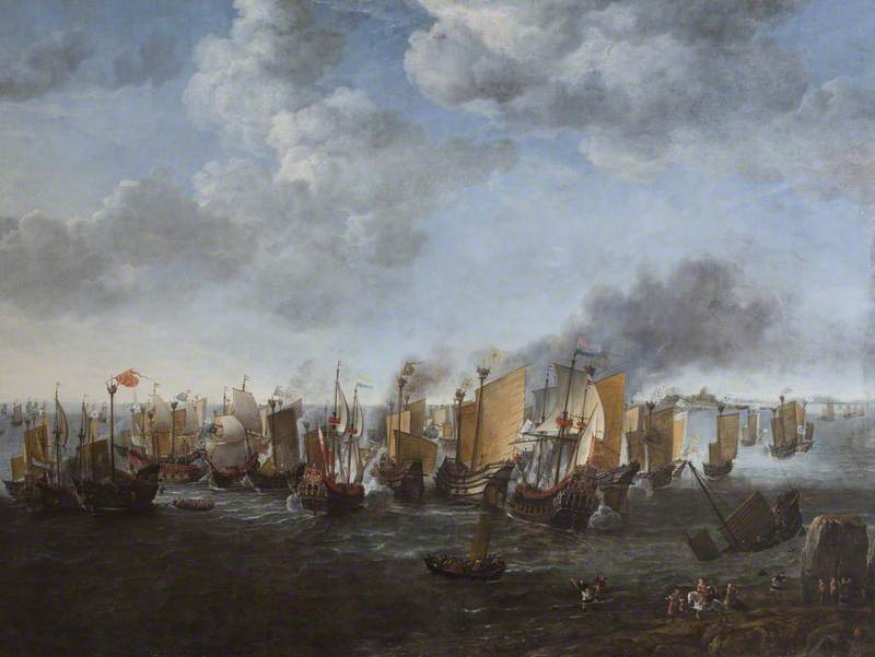 A Battle between Dutch Ships and Chinese Junks, vintage artwork by Simon de Vlieger, 12x8" (A4) Poster