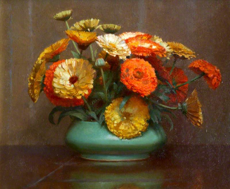 Still Life of Flowers in a Green Vase, vintage artwork by Attributed to William Logsdail, 12x8" (A4) Poster