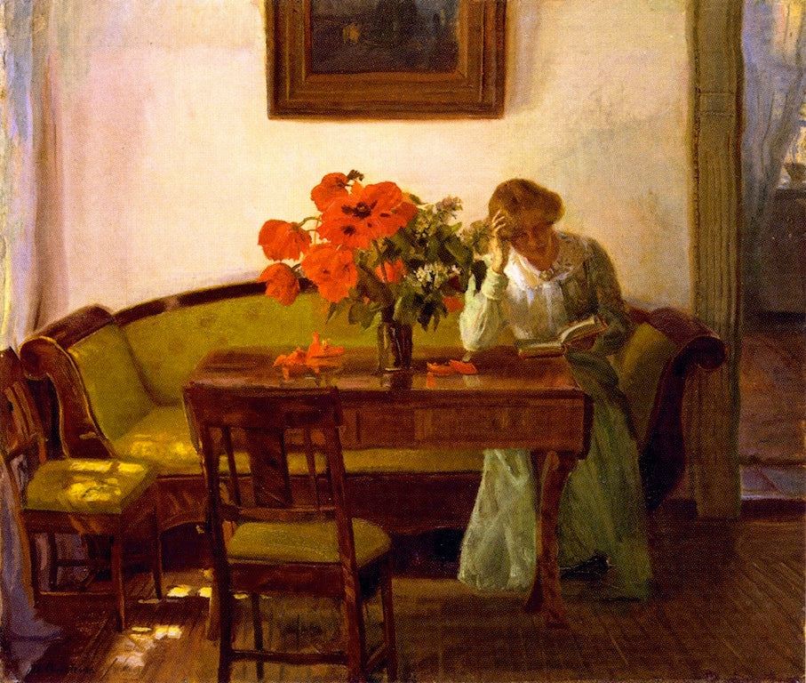 Interior with Red Poppies, vintage artwork by Anna Ancher, 12x8" (A4) Poster