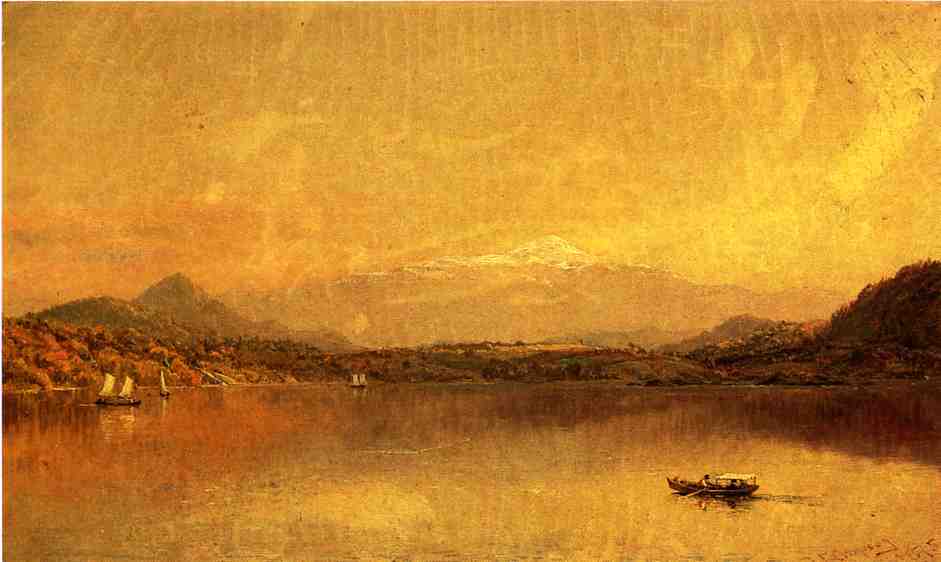 Autumn Landscape with Boaters on a Lake, vintage artwork by Jasper Francis Cropsey, 12x8" (A4) Poster