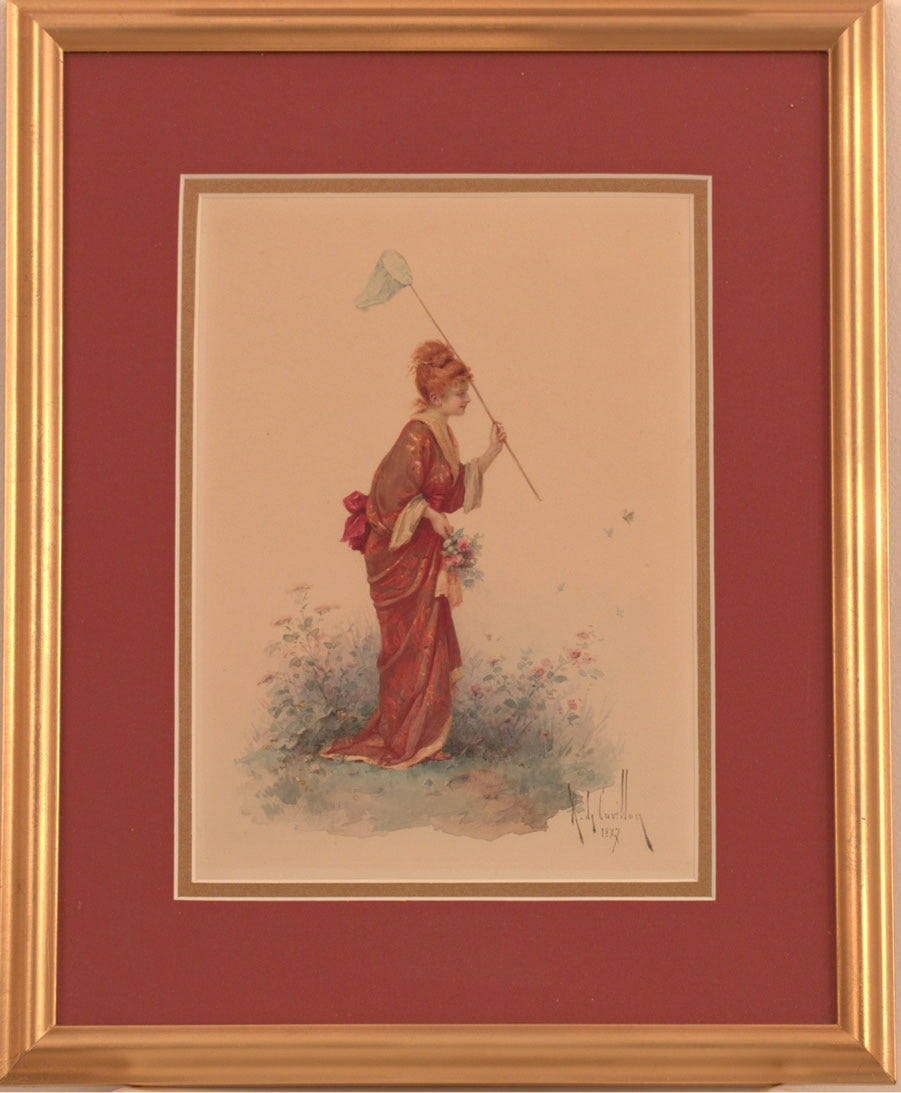 Catching Butterflies, vintage artwork by Lois Robert De Cuvillon, 12x8" (A4) Poster