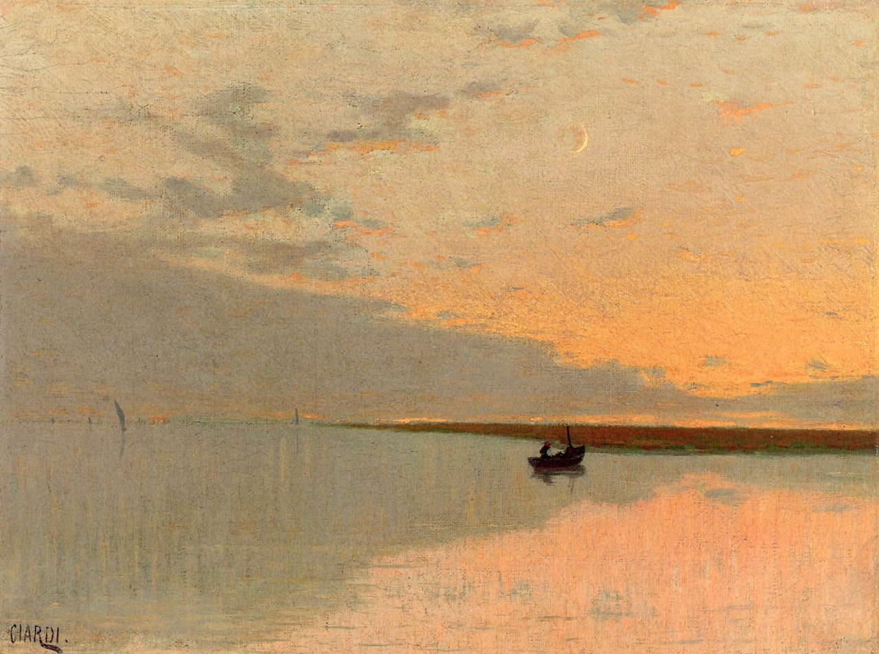 View of the Venetian Lagoon at Sunset, vintage artwork by Guglielmo Ciardi, 12x8" (A4) Poster