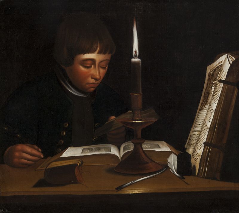Boy Reading at Artificial Light, vintage artwork by Jens Juel, 12x8" (A4) Poster