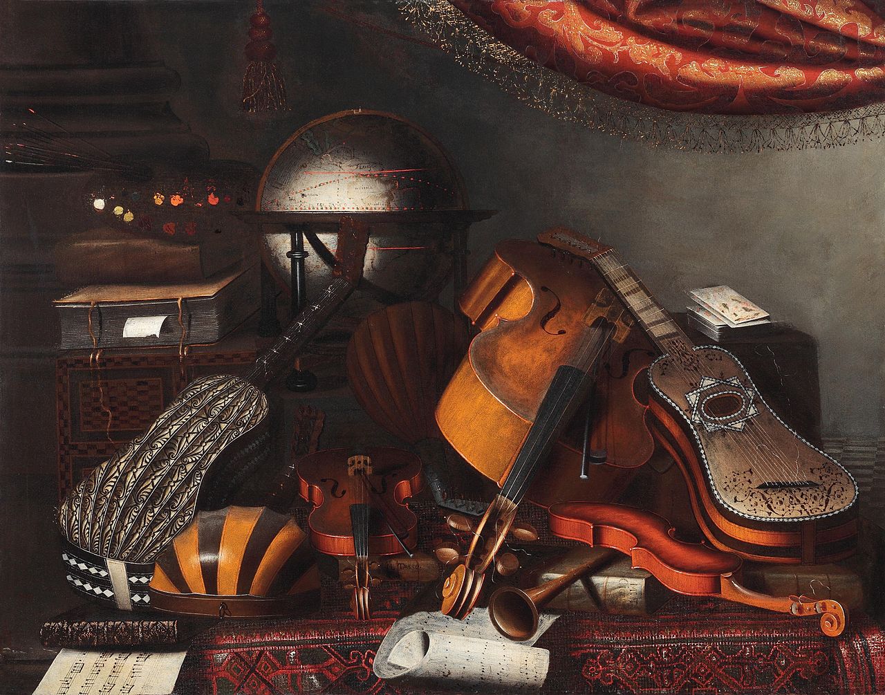 Musical instruments, a globe, books, playing cards, and a palette, vintage artwork by Bartolomeo Bettera, 12x8" (A4) Poster