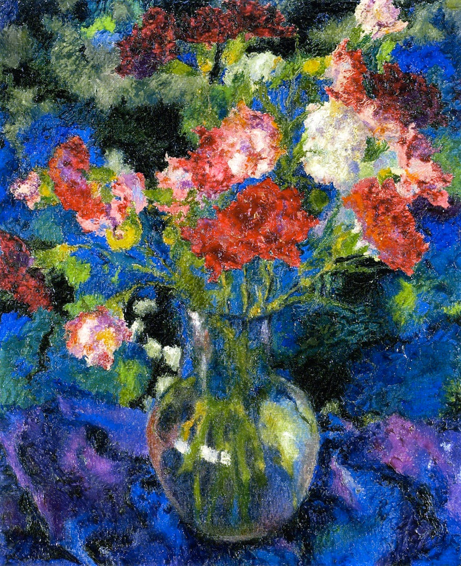 Carnations in a Round Glass Fase in front of a Blue Background, vintage artwork by Augusto Giacometti, 12x8" (A4) Poster