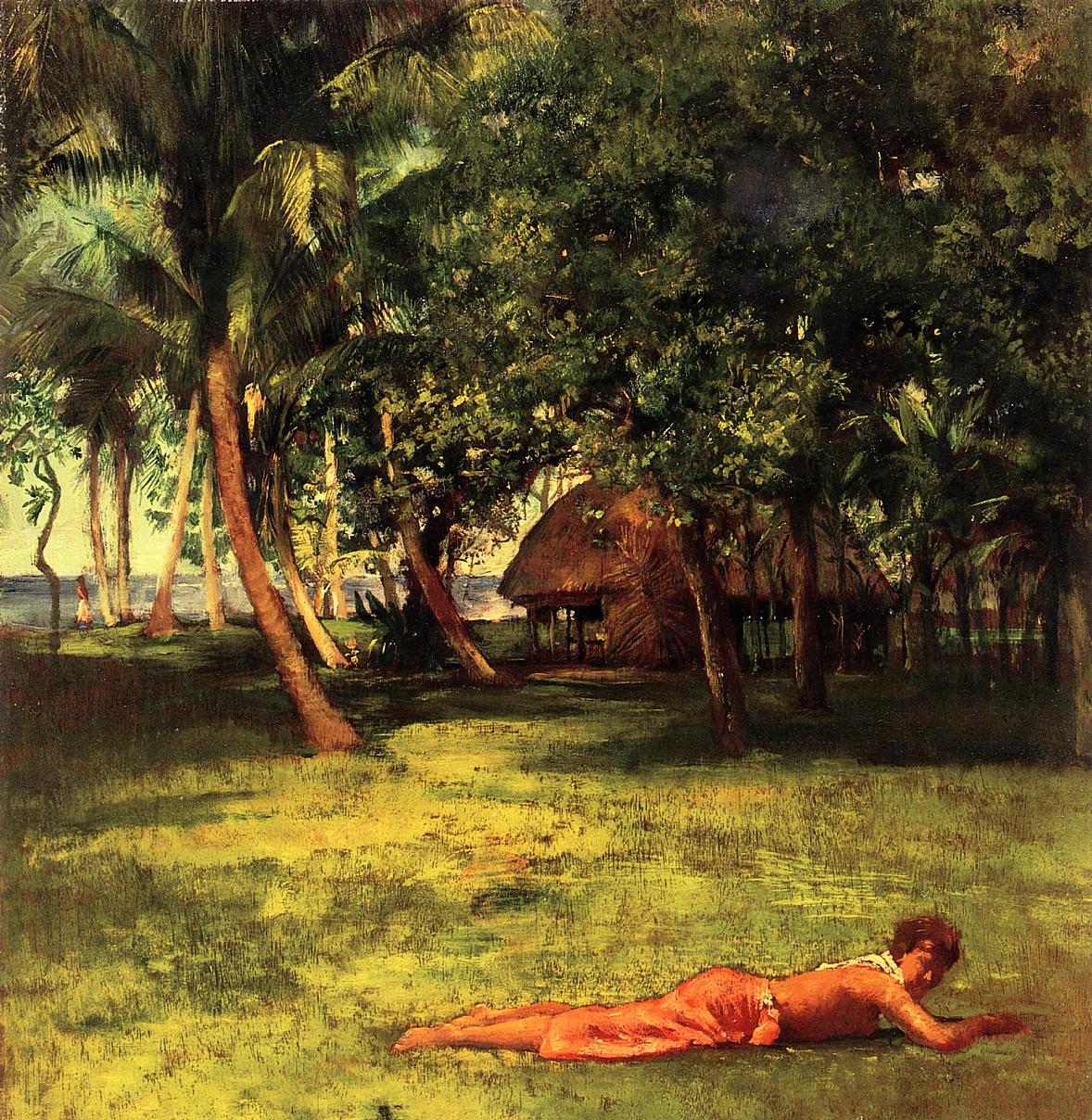 In Front of Our House, Vaila - Girl on Grass, vintage artwork by John La Farge, 12x8" (A4) Poster