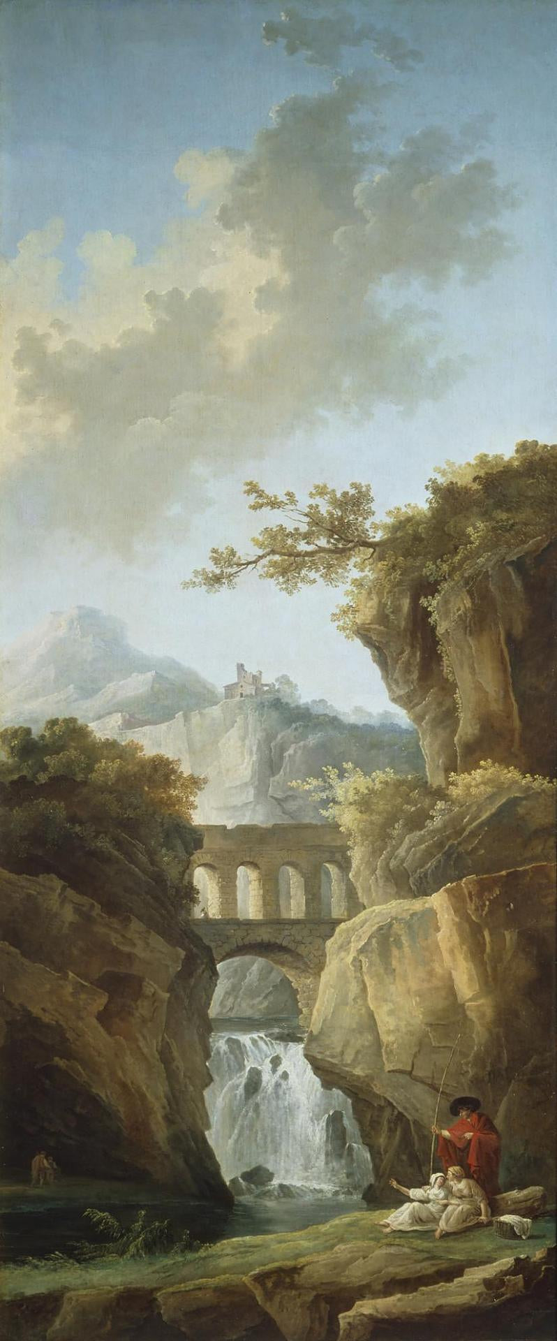 Landscape with an Aqueduct in the Mountains, vintage artwork by Hubert Robert, 12x8" (A4) Poster