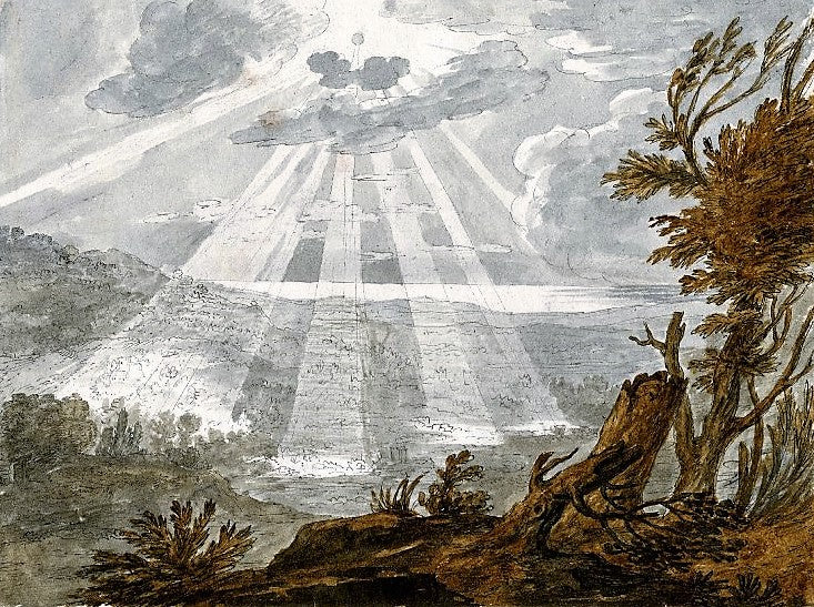 Landscape with sun breaking from clouds, vintage artwork by Alexander Cozens, 12x8" (A4) Poster