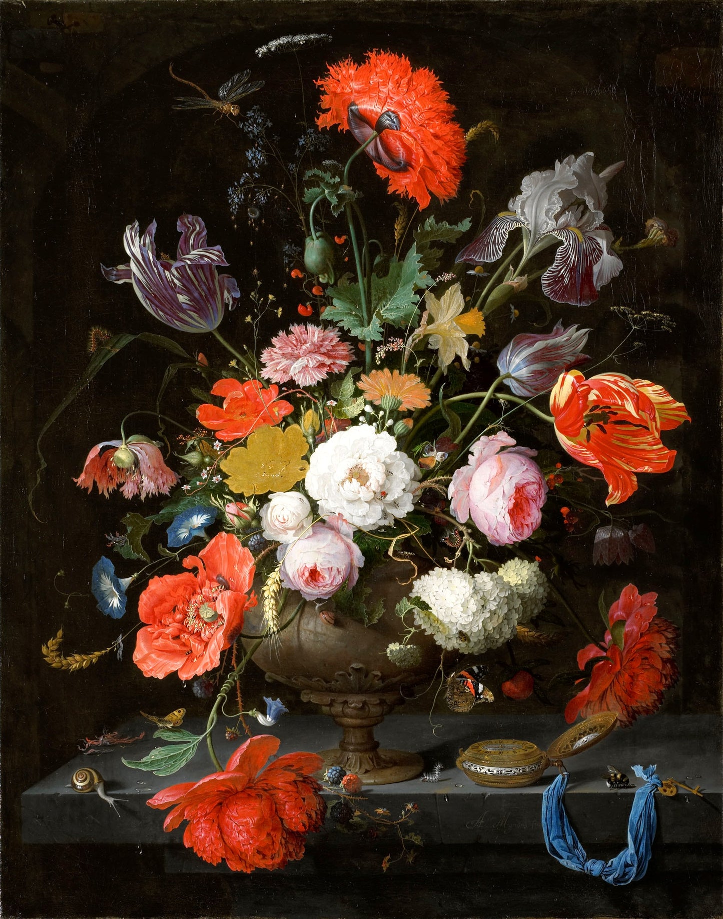 Still life with flowers and a watch, vintage artwork by Abraham Mignon, 12x8" (A4) Poster