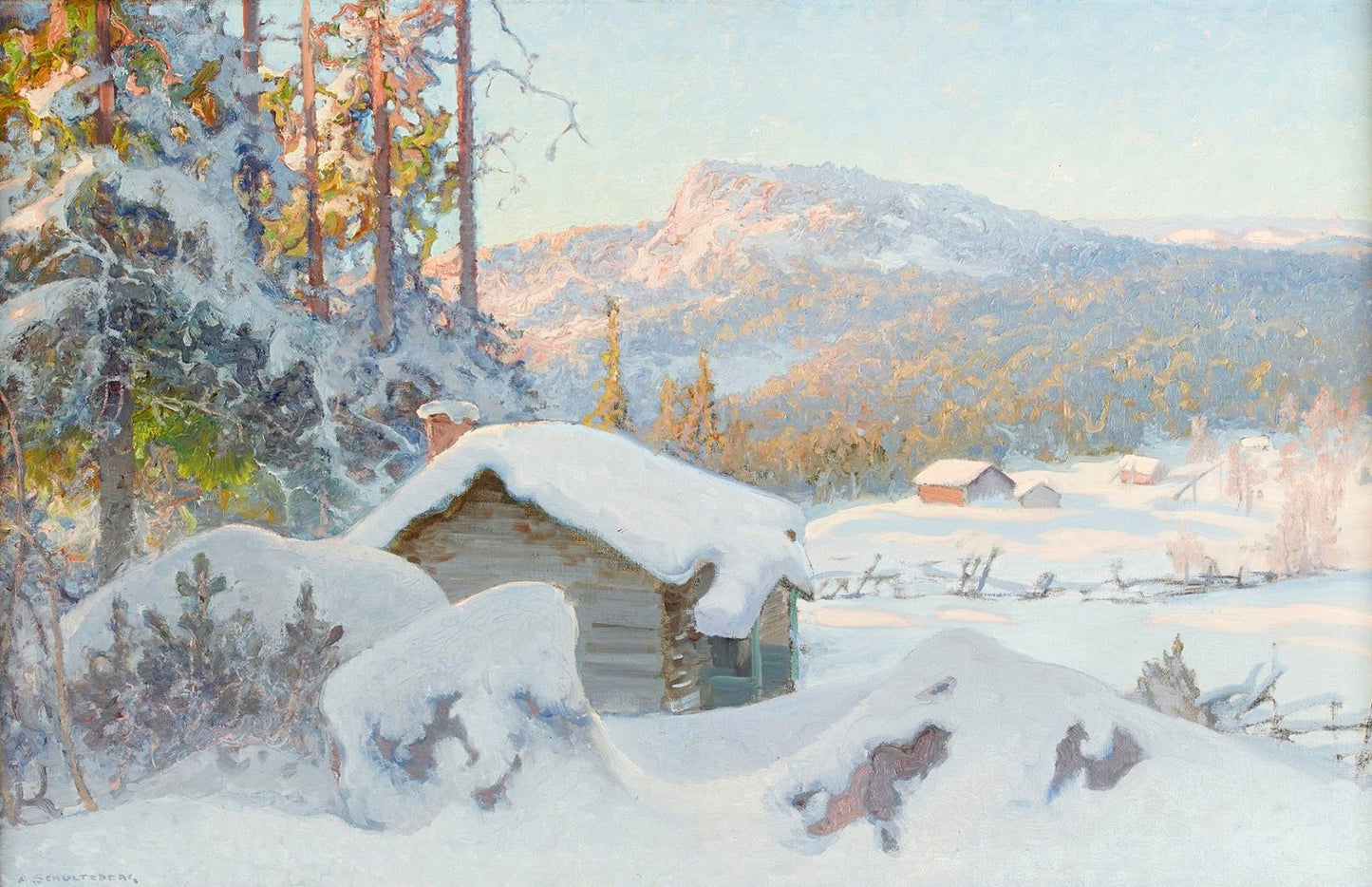 The Mountain Pasture in Winter, vintage artwork by Anshelm Schultzberg, 12x8" (A4) Poster