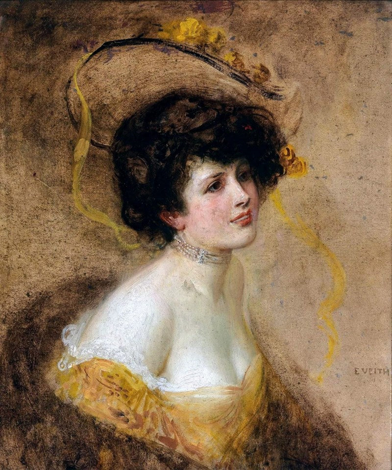 Portrait of a Lady with Hat in a Yellow Dress, vintage artwork by Eduard Veith, 12x8" (A4) Poster