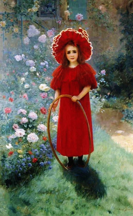 Little girl in red, vintage artwork by Andre Brouillet, 12x8" (A4) Poster