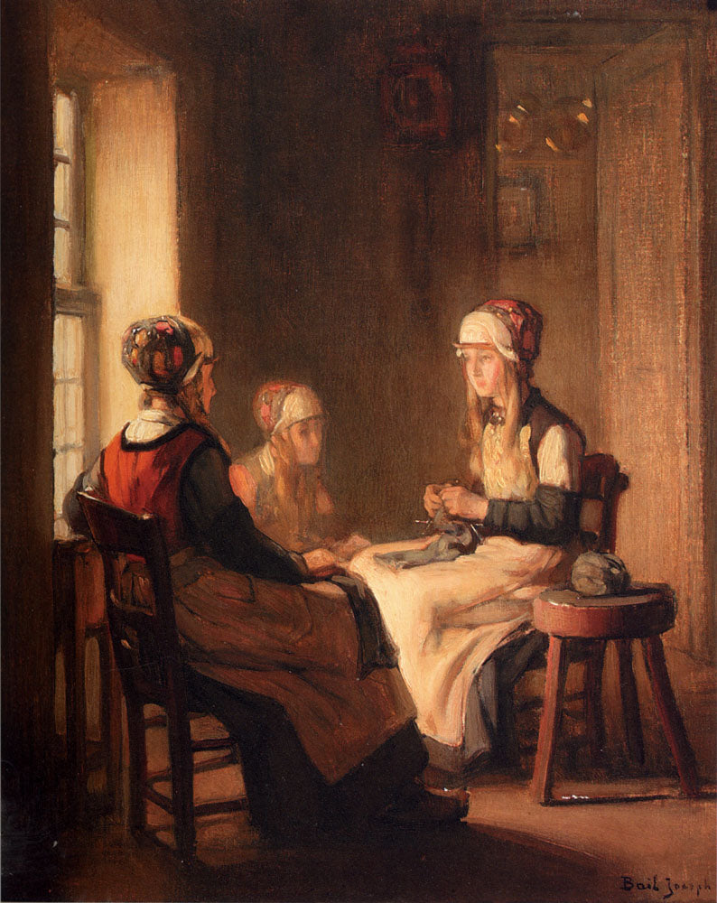 A Interior with Marken Girls Knitting by Claude Joseph Bail,A3(16x12")Poster