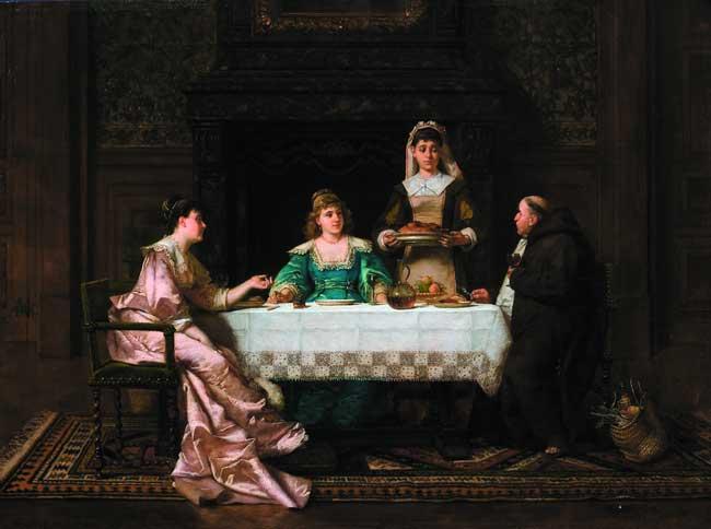 Dinner with the monk, vintage artwork by Władysław Bakalowicz, 12x8" (A4) Poster