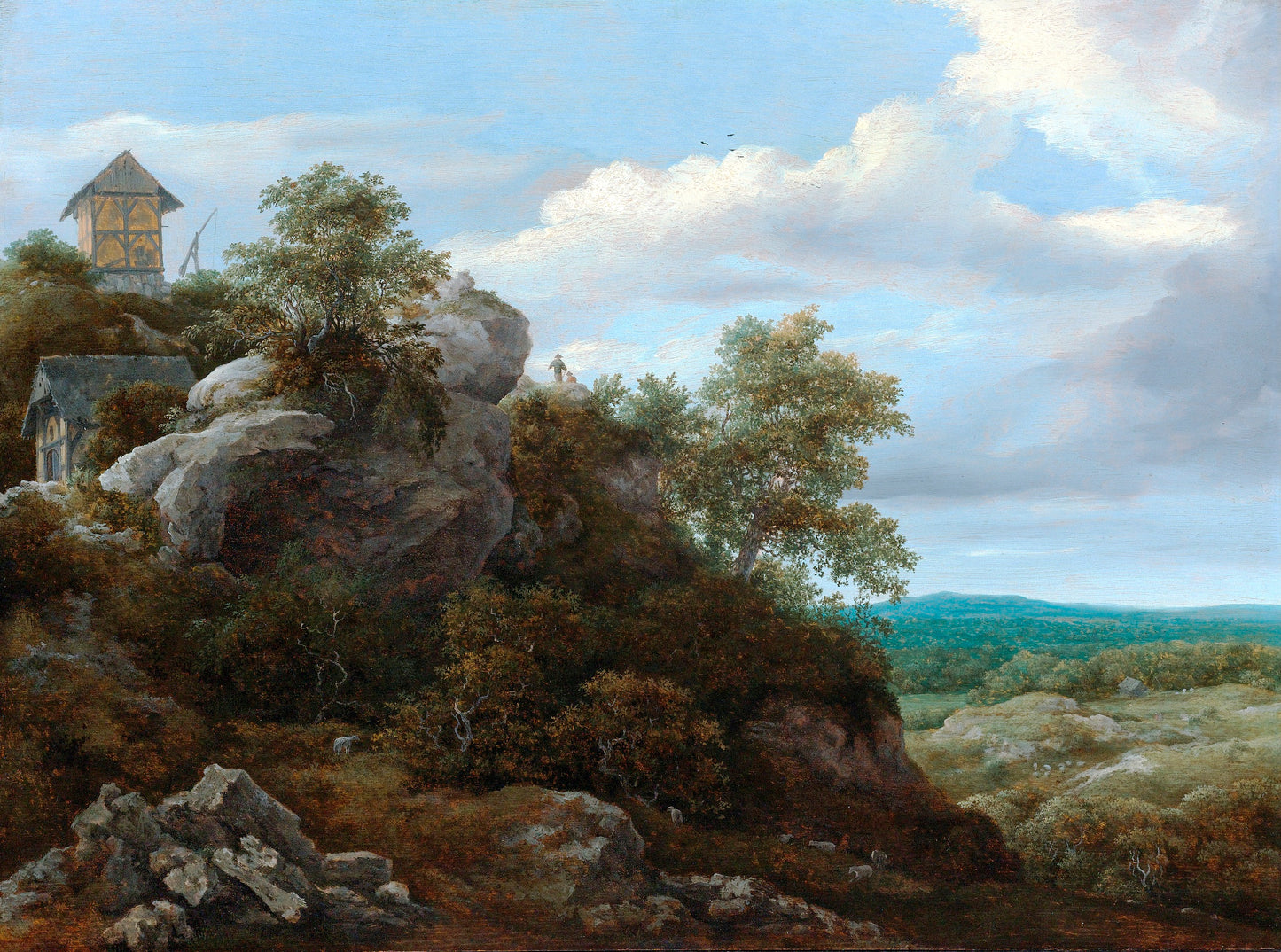 Landscape with Houses on a Rocky Hill with a View of a Plain Beyond, vintage artwork by Jacob van Ruisdael, 12x8" (A4) Poster
