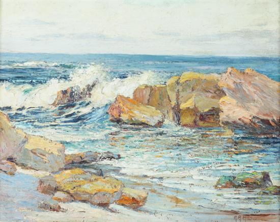 Rocks and Surf near Laguna Beach (California), vintage artwork by Anna Althea Hills, 12x8" (A4) Poster