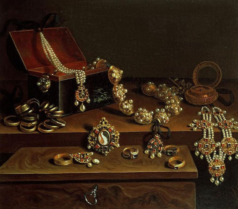 Casket of Jewels on a Table, vintage artwork by Pieter Gerritz. van Roestraten, 12x8" (A4) Poster