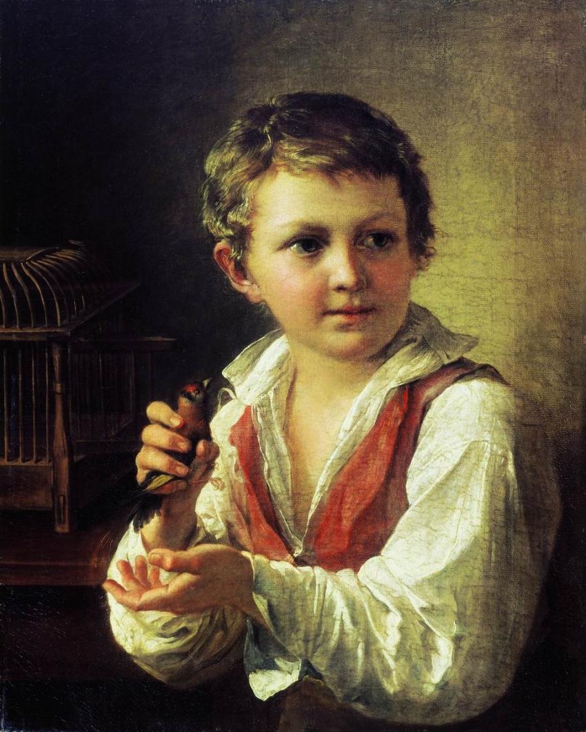 Boy Releasing a Goldfinch from the Cage, vintage artwork by Vasily Tropinin, 12x8" (A4) Poster