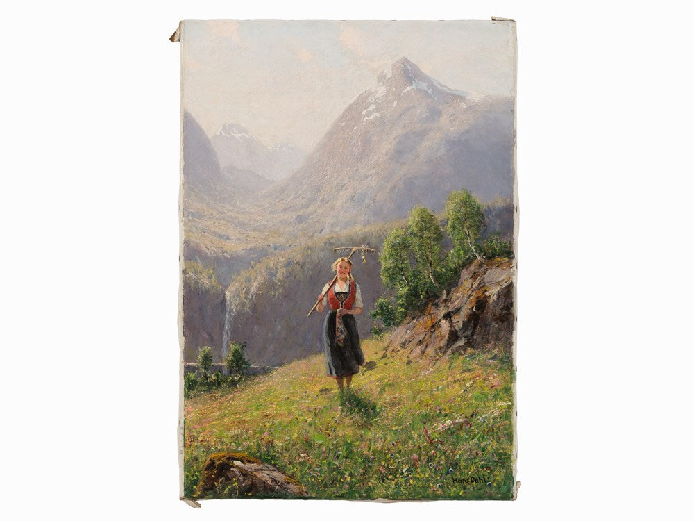 Girl in Summer Fjord Landscape, vintage artwork by Hans Dahl, 12x8" (A4) Poster