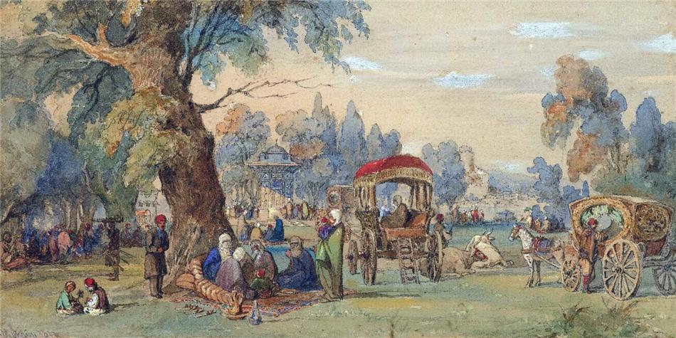 In a Turkish park. Constantinople, vintage artwork by Count Amadeo Preziosi, A3 (16x12") Poster Print