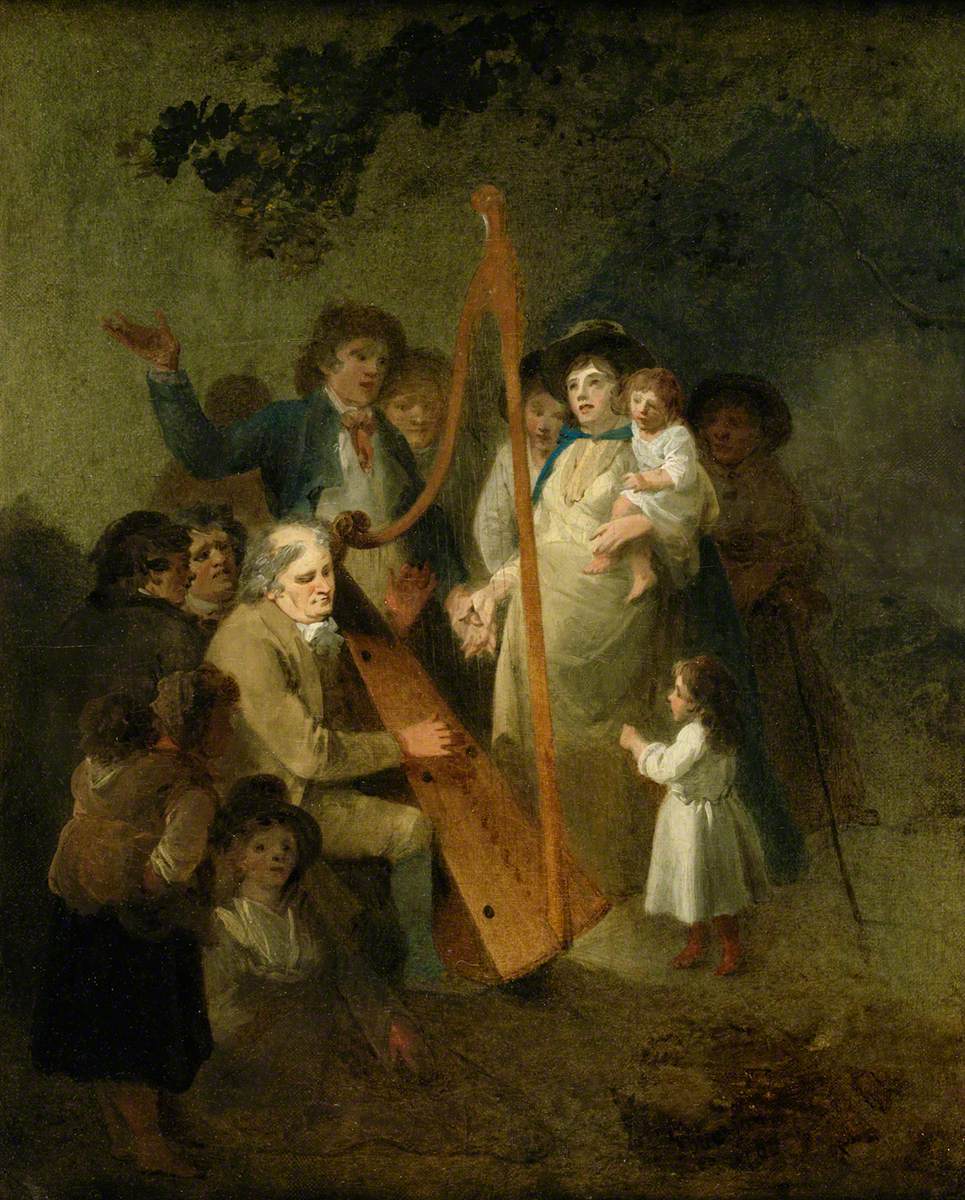 John Smith, the Blind Harper of Conway, with Penillion Singers, vintage artwork by Julius Caesar Ibbetson, 12x8" (A4) Poster