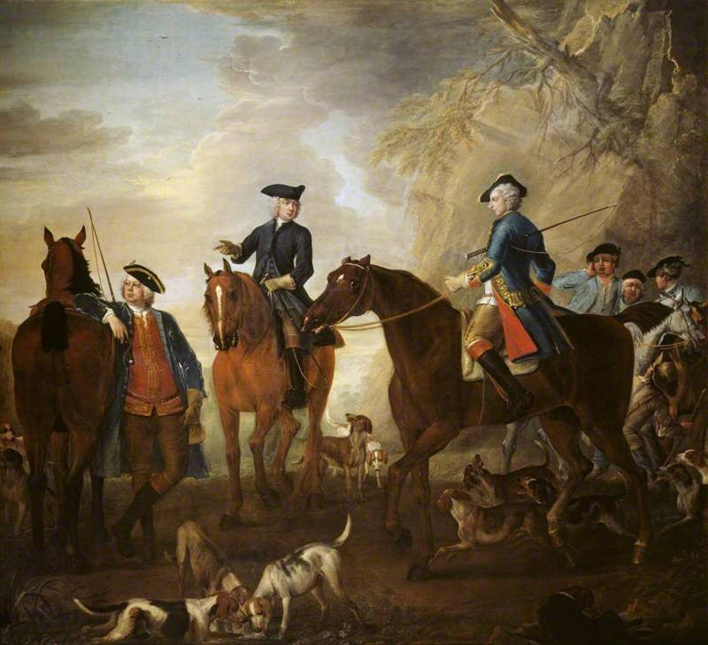 Viscount Weymouth's Hunt: Mr Jackson, Henry and Thomas Villiers, with Hunters and Hounds, vintage artwork by John Wootton, 12x8" (A4) Poster