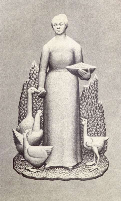 Woman Tending Goose and Chickens, vintage artwork by Grant Wood, 12x8" (A4) Poster