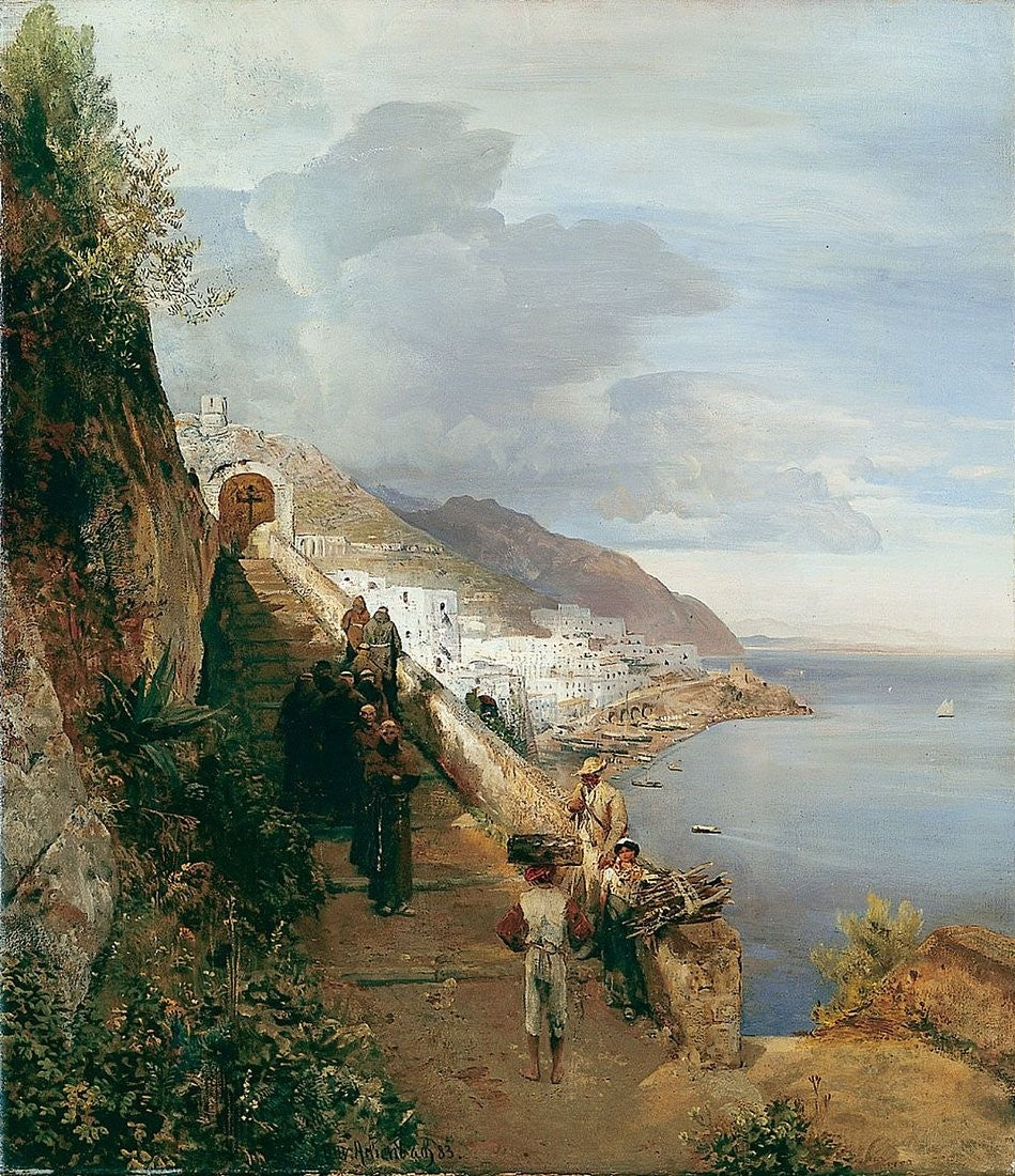 The Entrance of a Convent at the Gulf of Sorrento, vintage artwork by Oswald Achenbach, 12x8" (A4) Poster